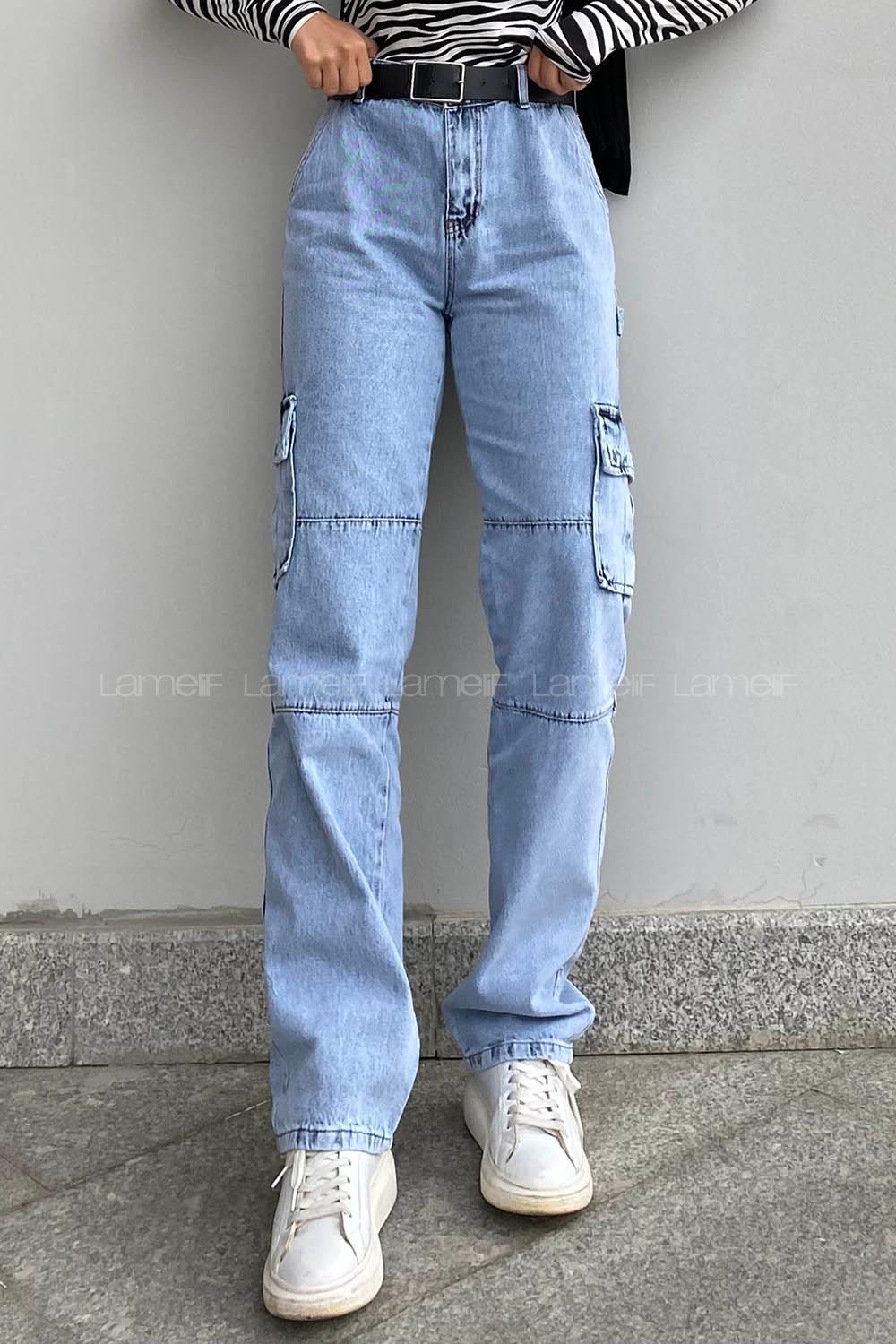 Ice Blue Denim High Waist Cargo Pants