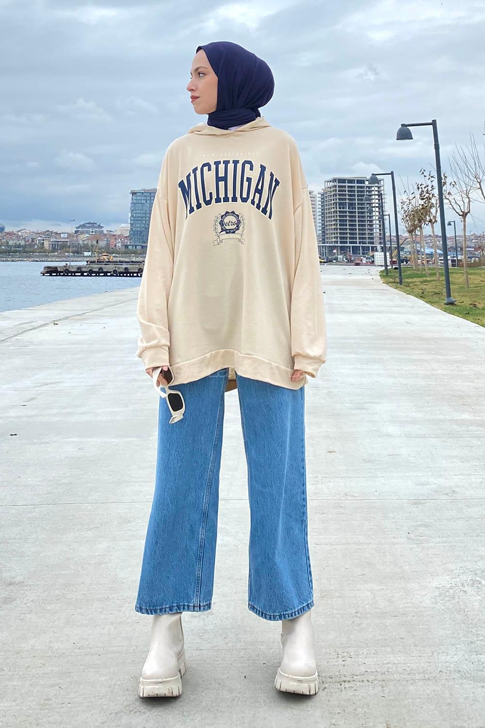 Lamelif Mıchıgan Baskılı Kapüşonlu Sweatshirt Krem