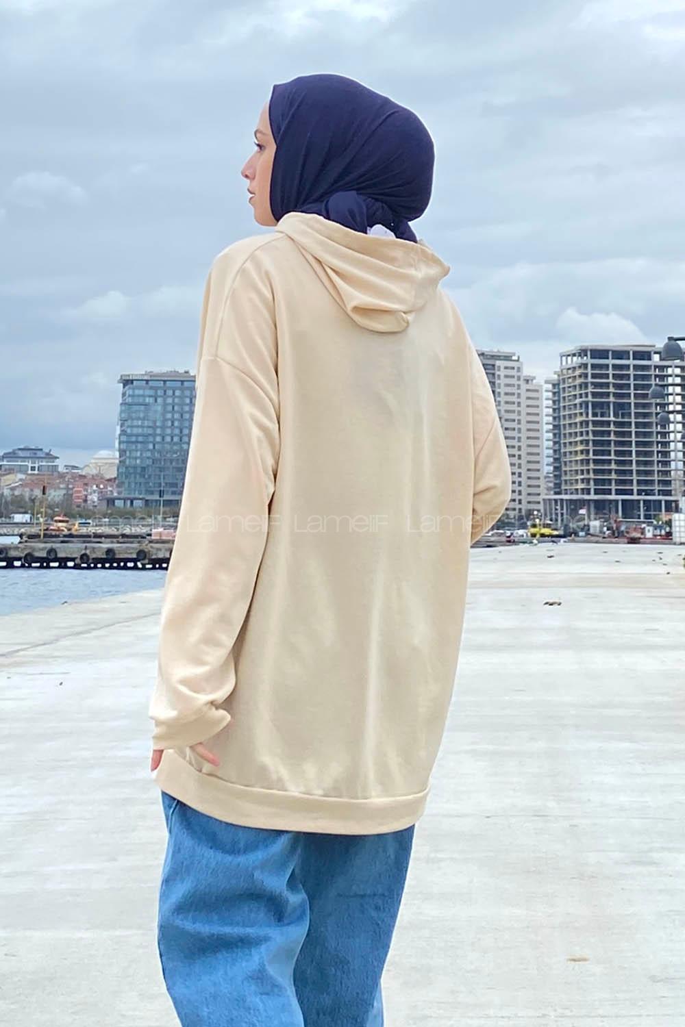 Lamelif Mıchıgan Baskılı Kapüşonlu Sweatshirt Krem