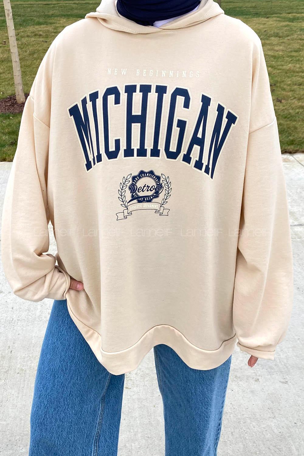 Lamelif Mıchıgan Baskılı Kapüşonlu Sweatshirt Krem