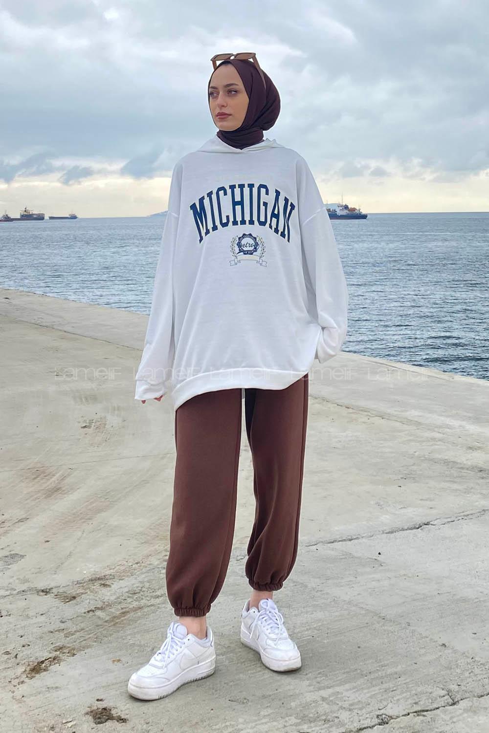 Lamelif Mıchıgan Baskılı Kapüşonlu Sweatshirt Beyaz