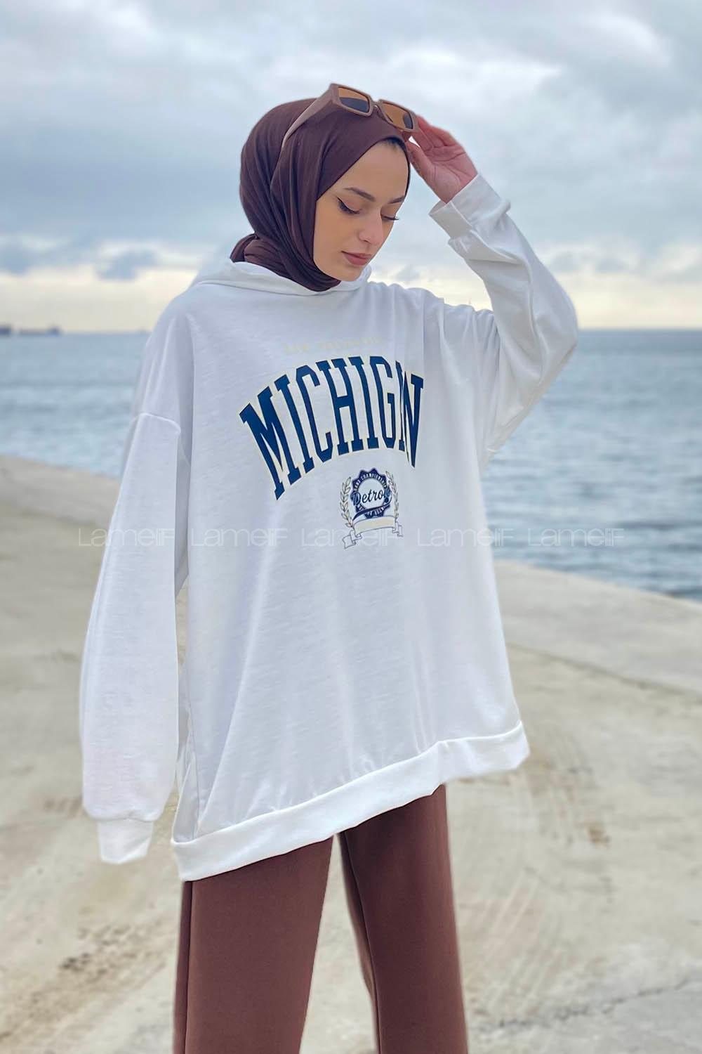 Lamelif Mıchıgan Baskılı Kapüşonlu Sweatshirt Beyaz