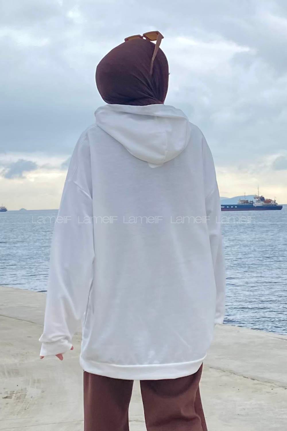 Lamelif Mıchıgan Baskılı Kapüşonlu Sweatshirt Beyaz