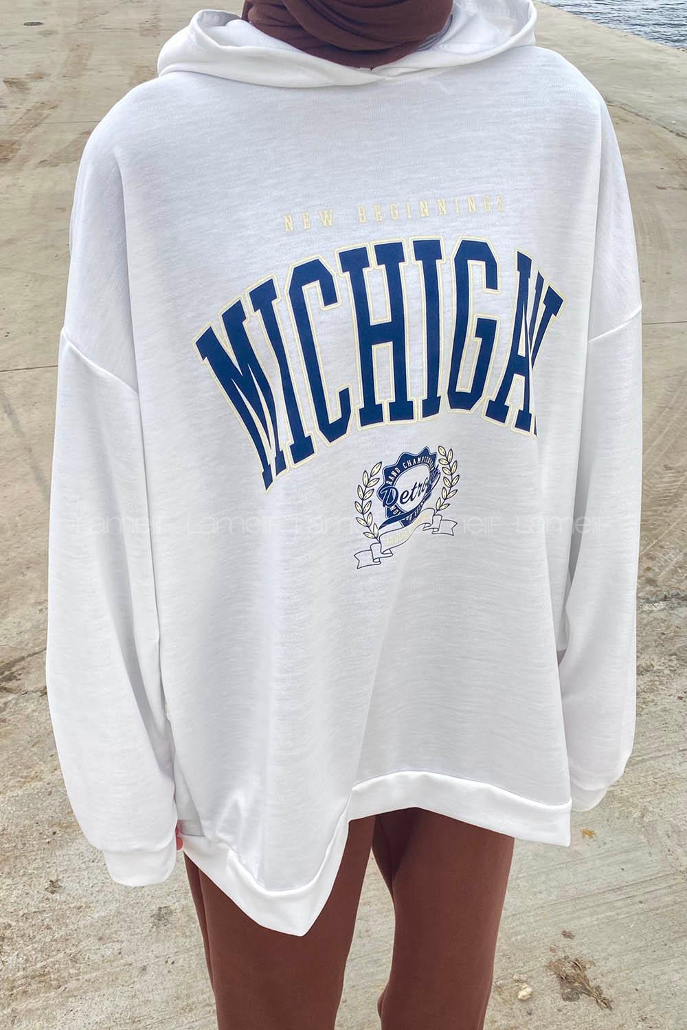 Lamelif Mıchıgan Baskılı Kapüşonlu Sweatshirt Beyaz