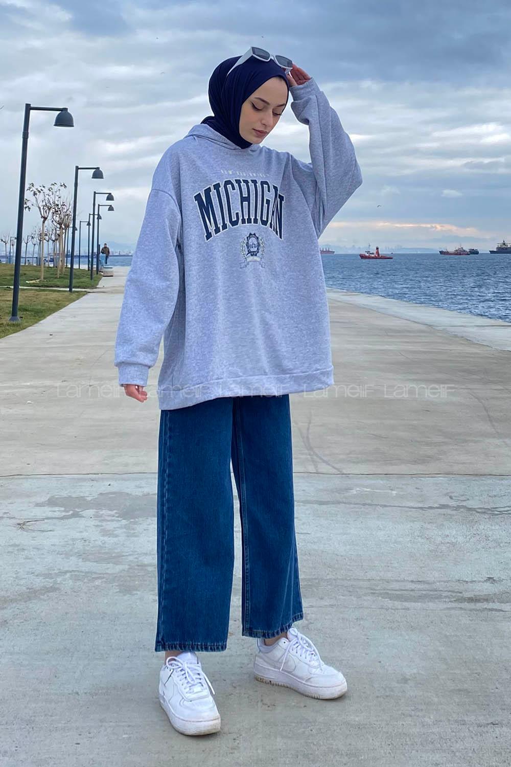 Lamelif Mıchıgan Baskılı Kapüşonlu Sweatshirt Gri