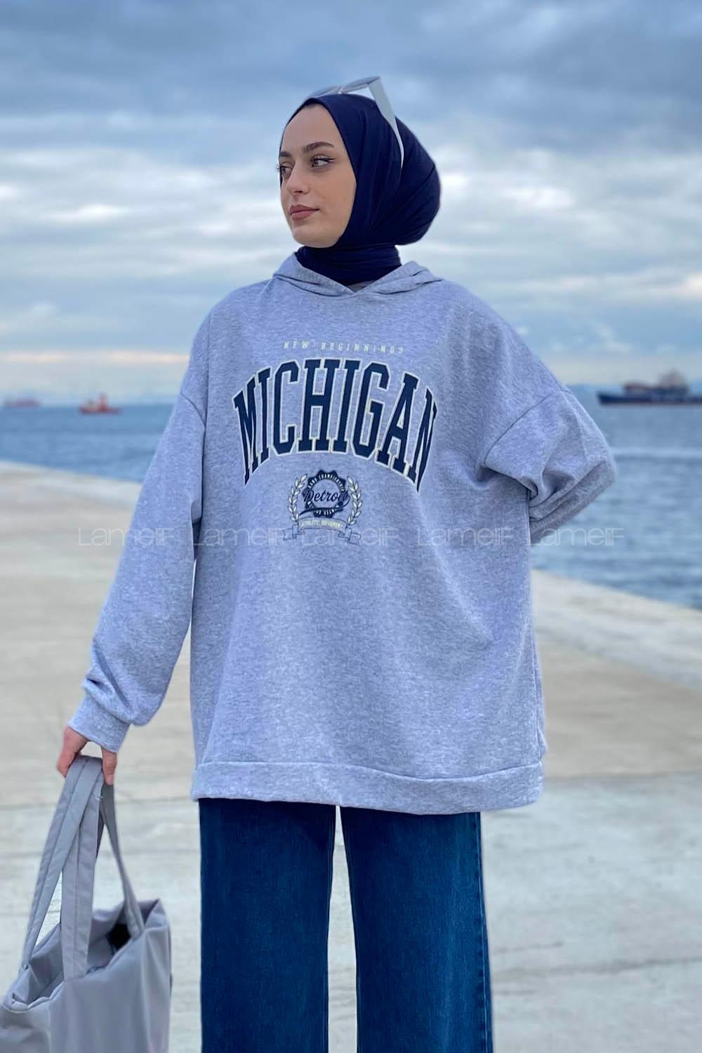Lamelif Mıchıgan Baskılı Kapüşonlu Sweatshirt Gri