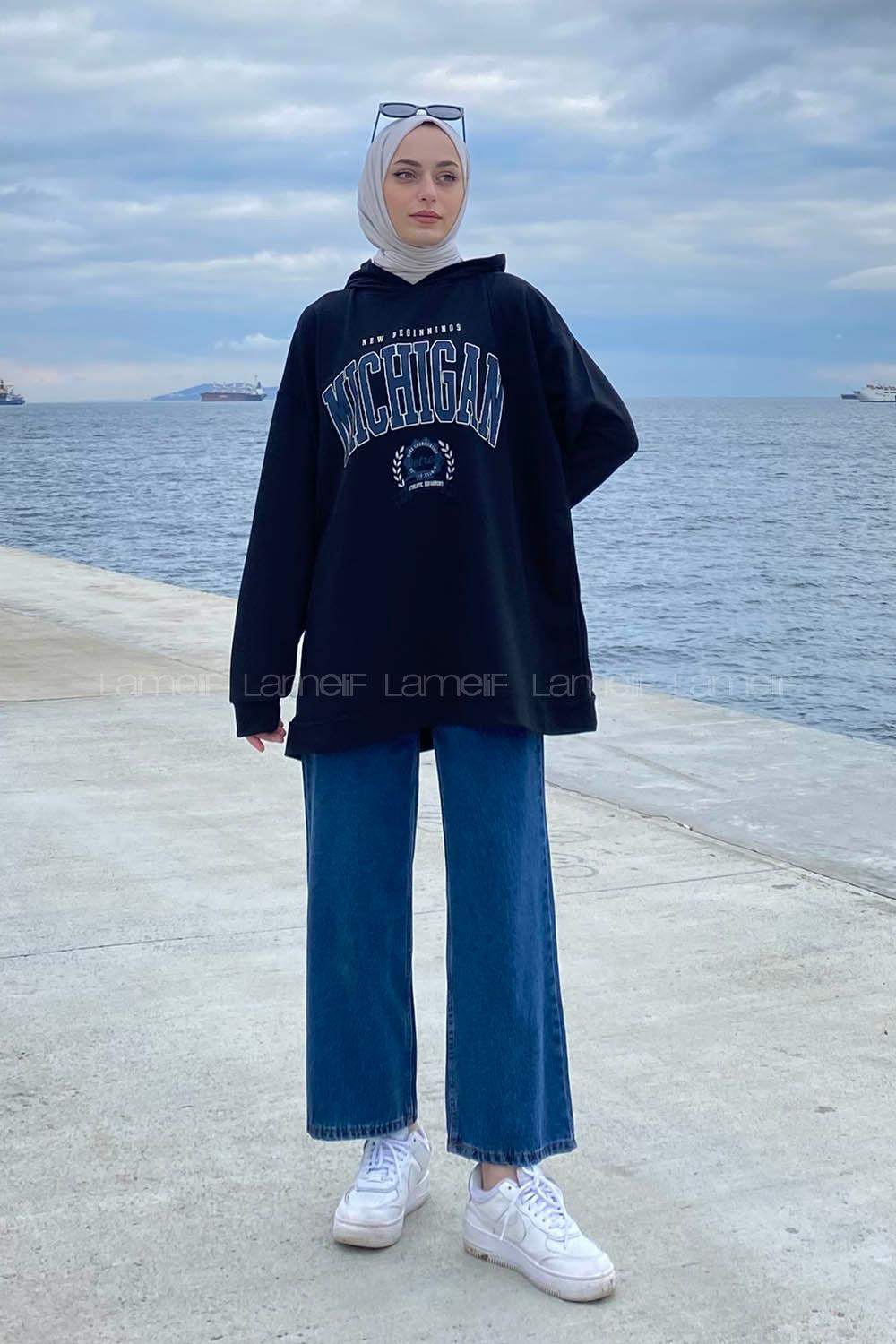 Lamelif Mıchıgan Baskılı Kapüşonlu Sweatshirt Siyah