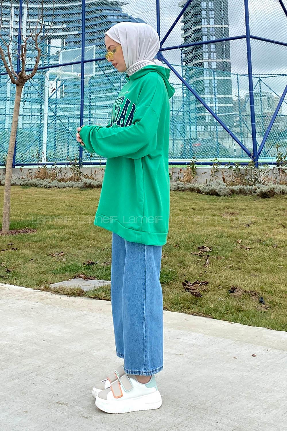 Lamelif Mıchıgan Baskılı Kapüşonlu Sweatshirt Yeşil