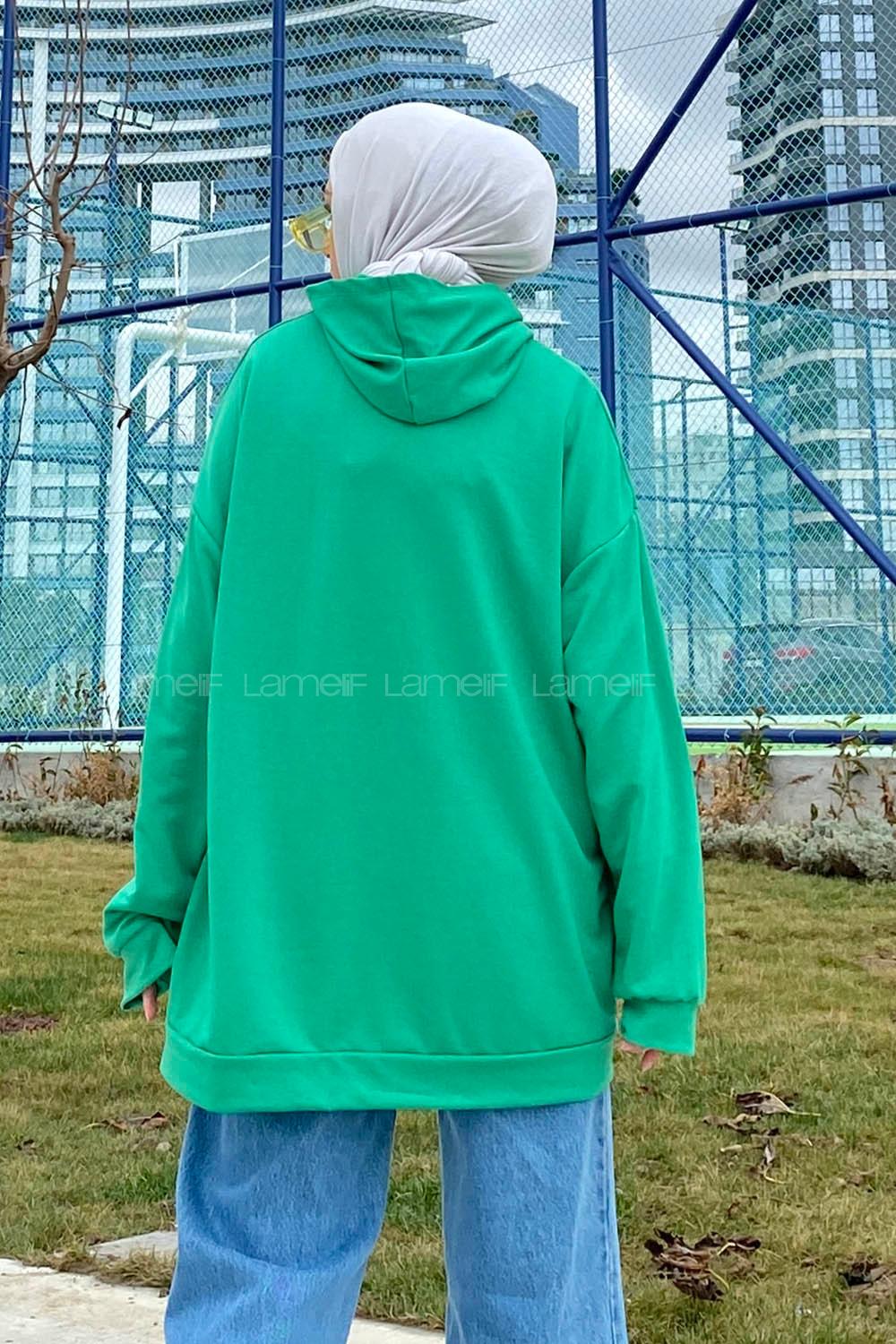 Lamelif Mıchıgan Baskılı Kapüşonlu Sweatshirt Yeşil