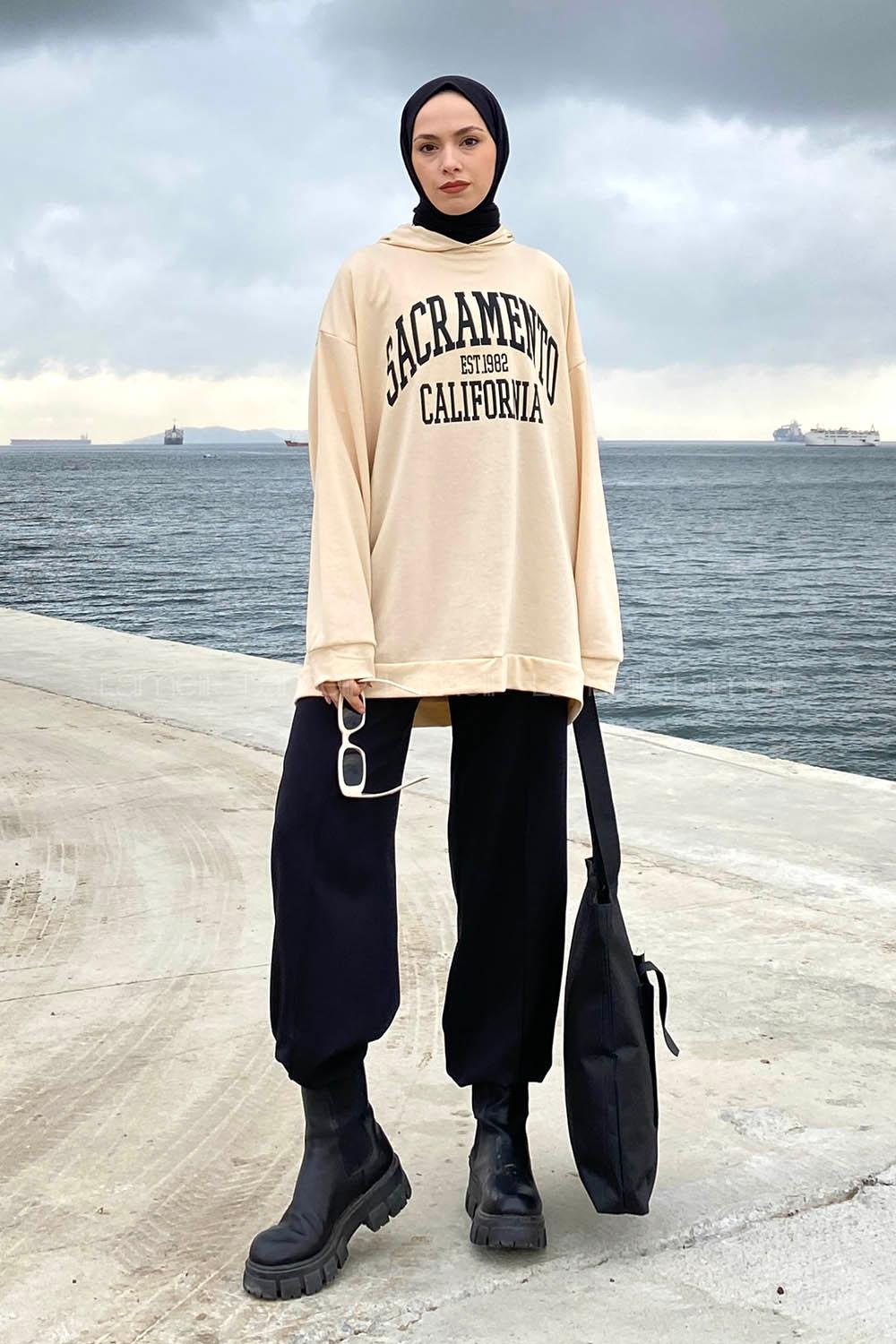 Beige Hood Neck Long Arm Printed Sweatshirt
