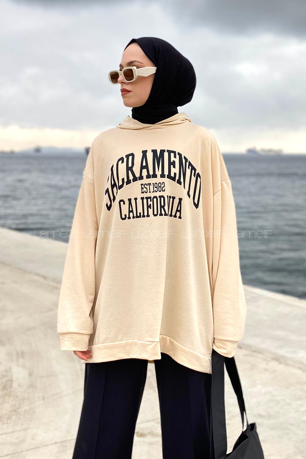 Beige Hood Neck Long Arm Printed Sweatshirt