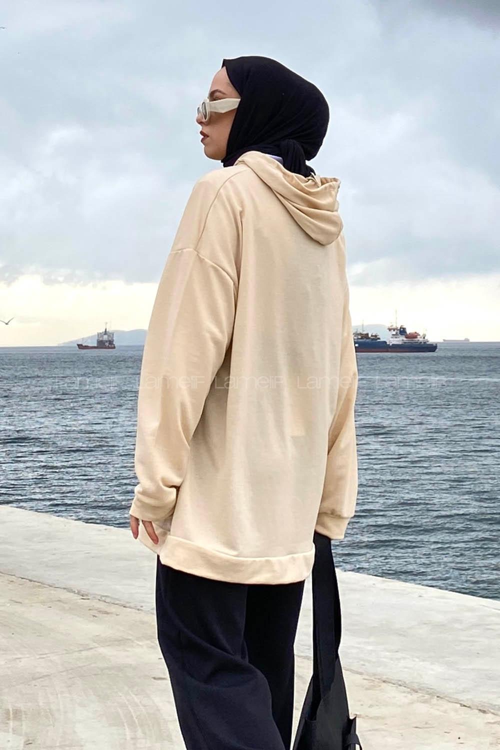 Beige Hood Neck Long Arm Printed Sweatshirt