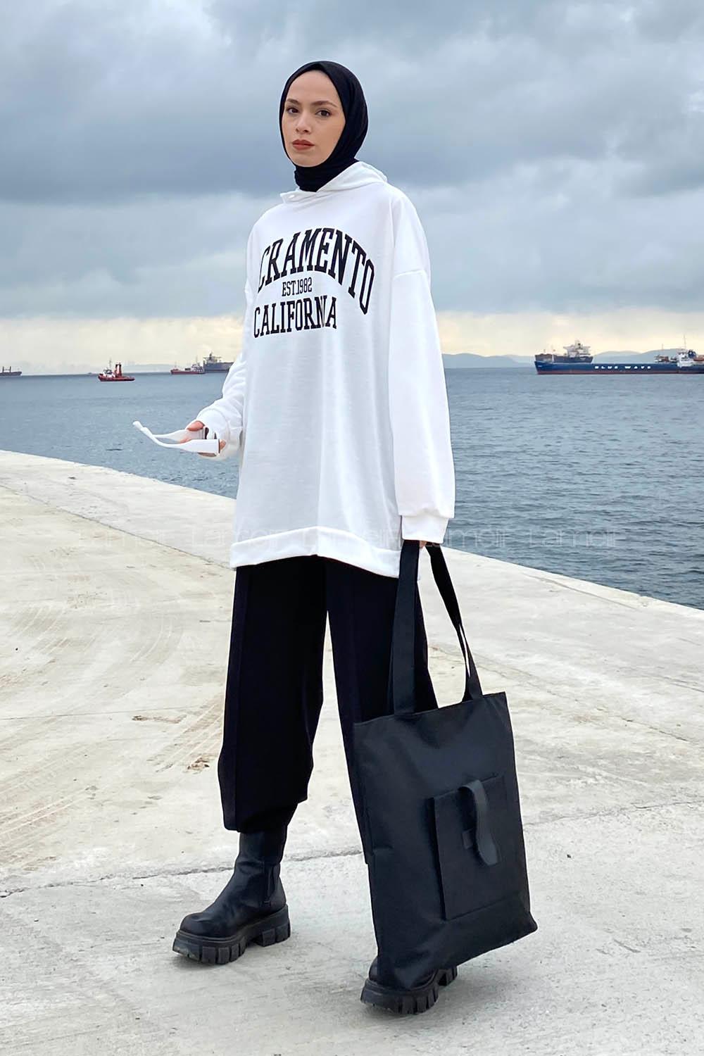 Lamelif Sacramento Baskılı Kapüşonlu Sweatshirt Beyaz