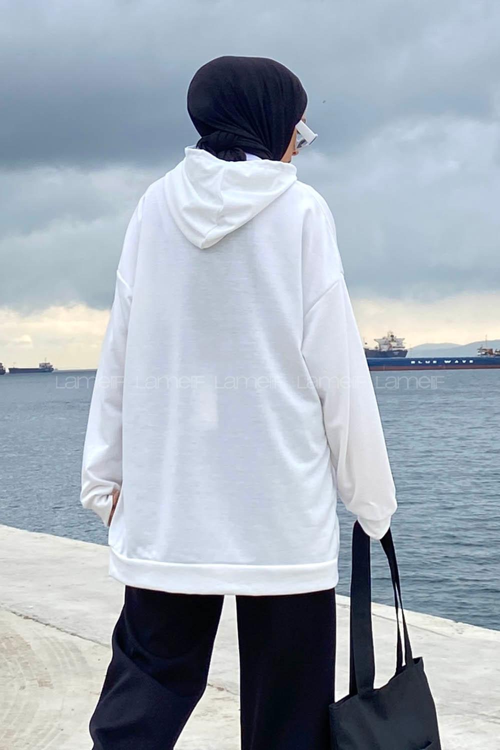 Lamelif Sacramento Baskılı Kapüşonlu Sweatshirt Beyaz