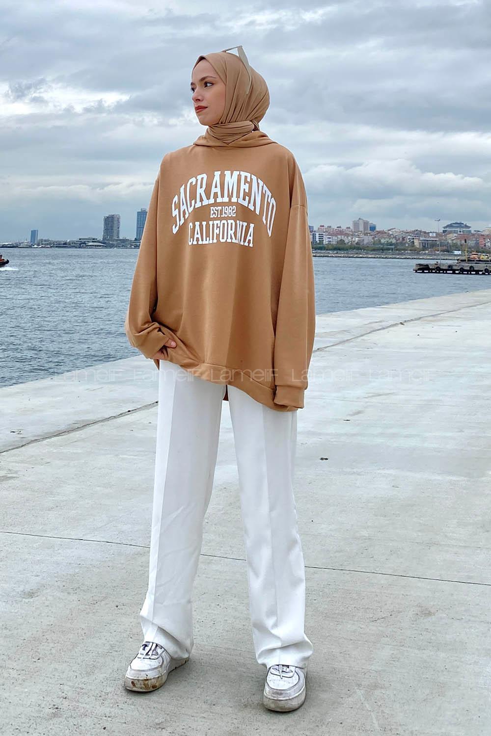 Lamelif Sacramento Baskılı Kapüşonlu Sweatshirt Camel