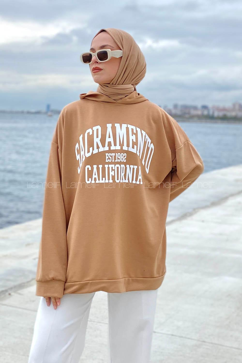 Lamelif Sacramento Baskılı Kapüşonlu Sweatshirt Camel