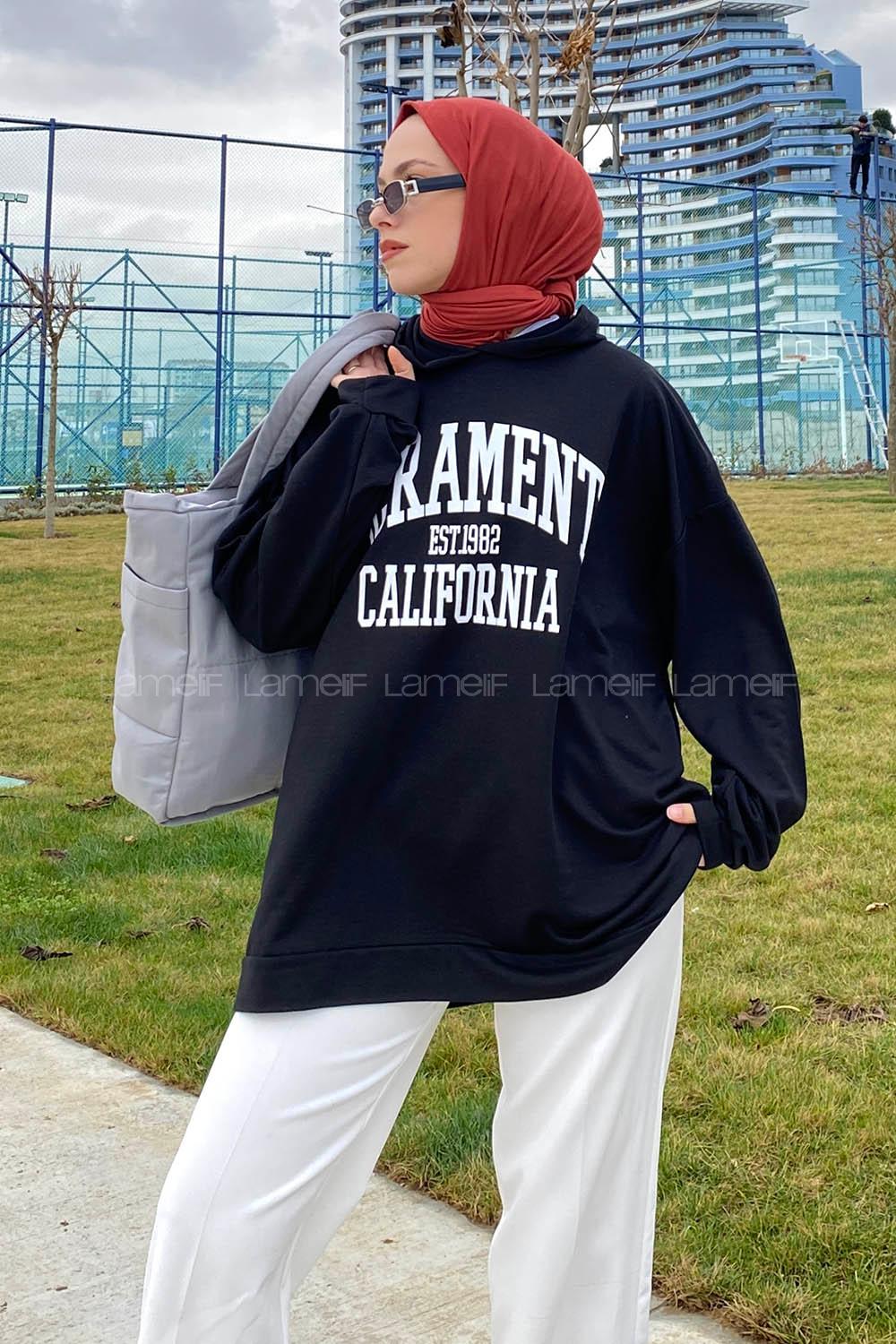 Lamelif Sacramento Baskılı Kapüşonlu Sweatshirt Siyah