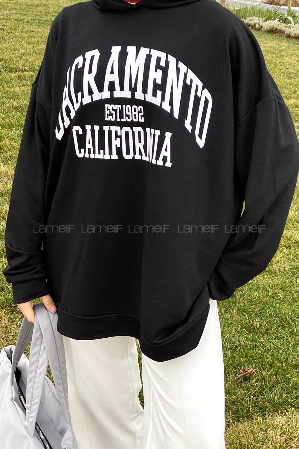 Lamelif Sacramento Baskılı Kapüşonlu Sweatshirt Siyah
