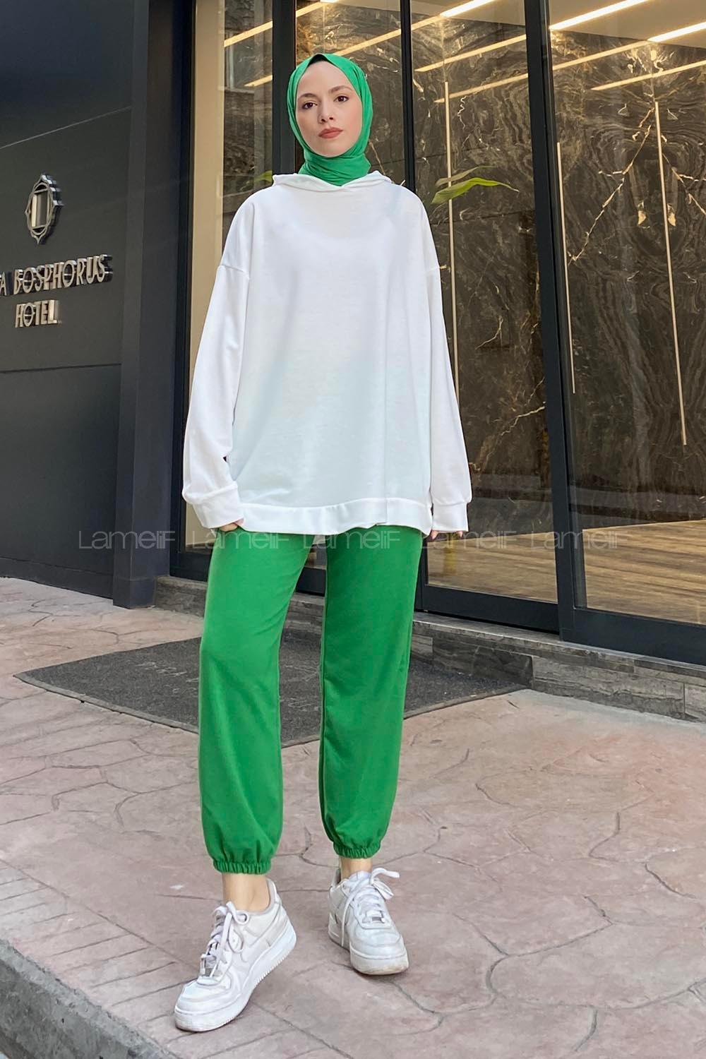 Lamelif Etek Ve Kol Ucu Manşetli Kapüşonlu Sweatshirt Beyaz