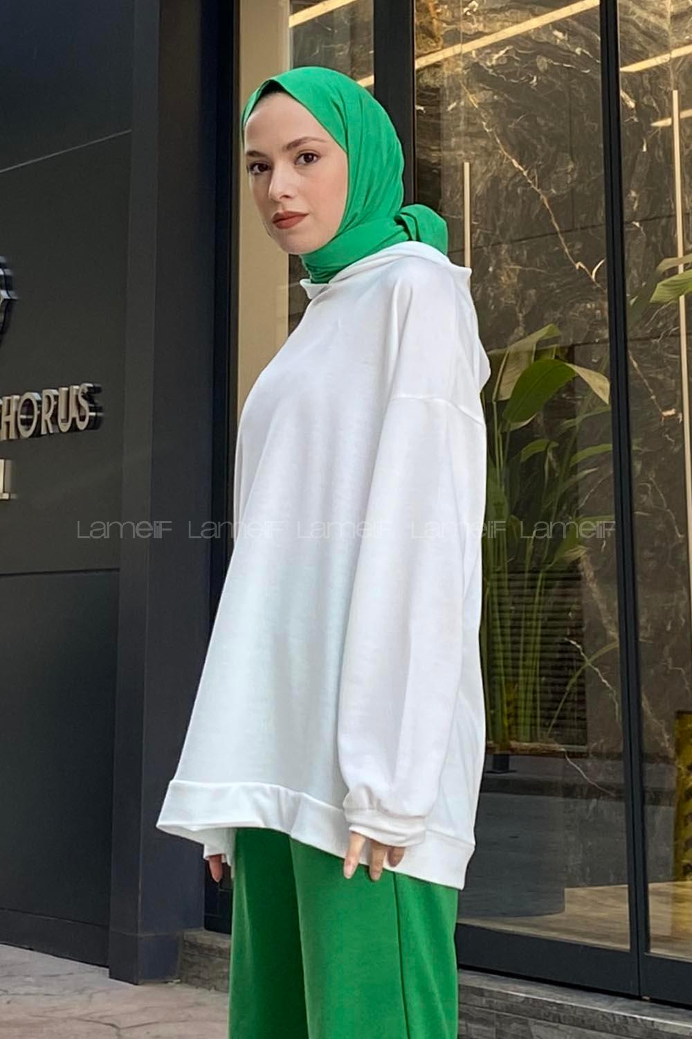 Lamelif Etek Ve Kol Ucu Manşetli Kapüşonlu Sweatshirt Beyaz