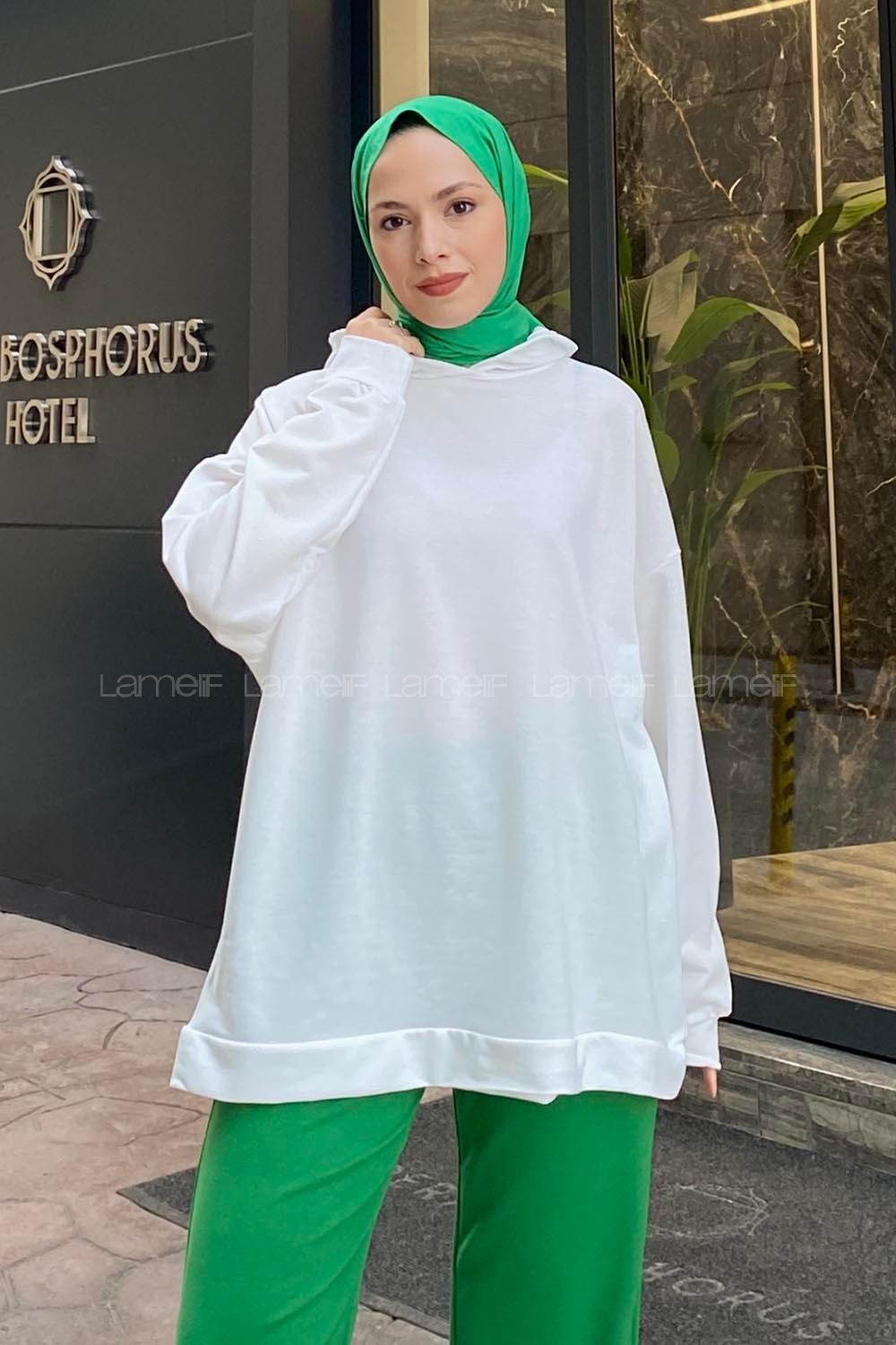 Lamelif Etek Ve Kol Ucu Manşetli Kapüşonlu Sweatshirt Beyaz