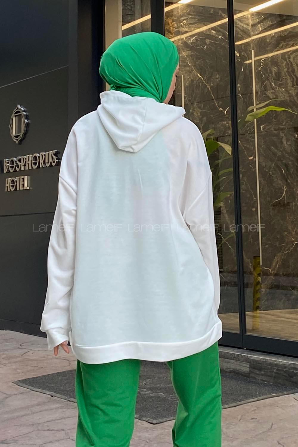 Lamelif Etek Ve Kol Ucu Manşetli Kapüşonlu Sweatshirt Beyaz