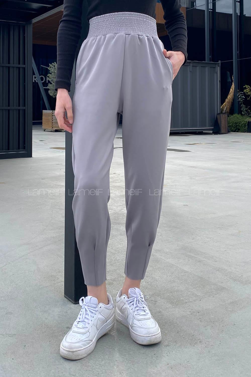 Gray Cotton High Waist Elastic Waist Comfortable Pants