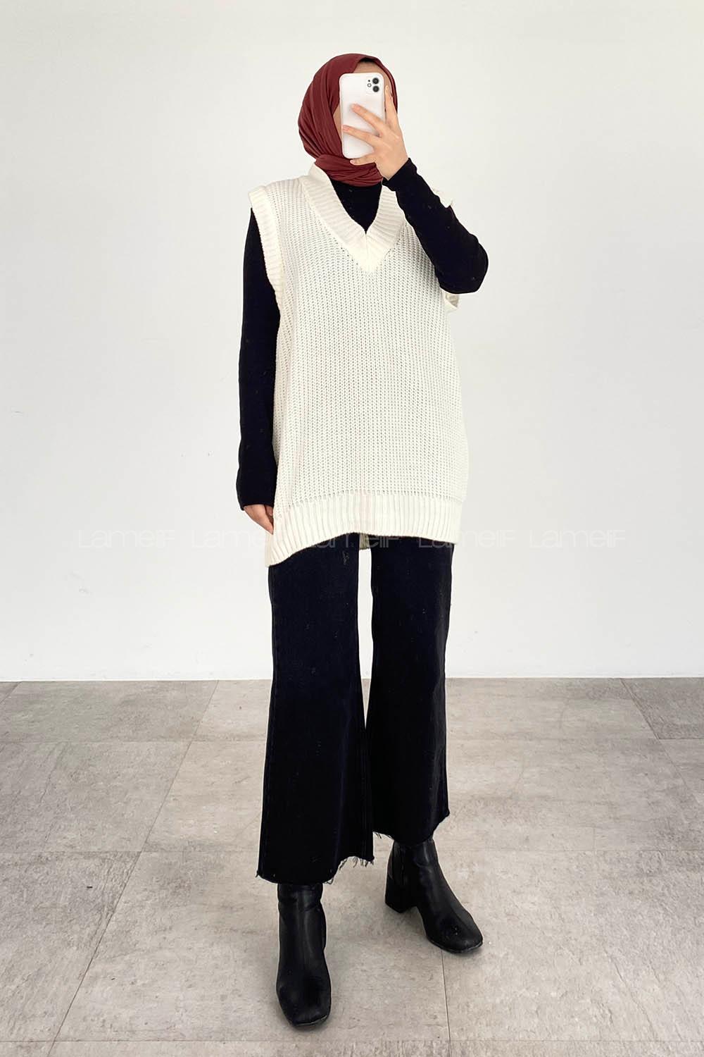 Modalamelif Ovarsize V Yaka Süveter Ekru