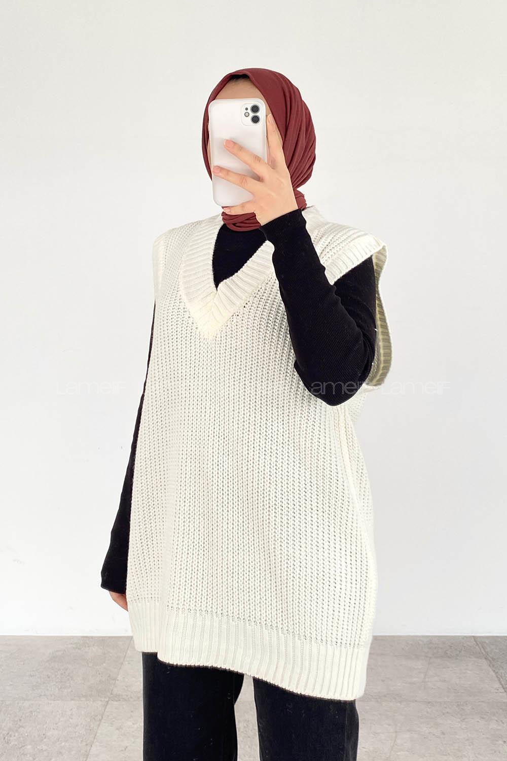 Modalamelif Ovarsize V Yaka Süveter Ekru