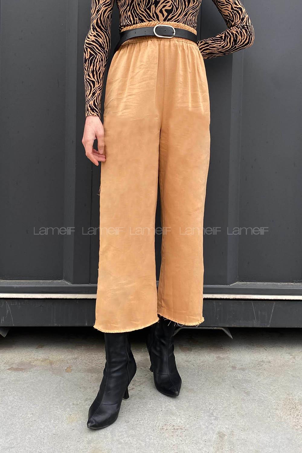 Lamelif Beli Lastikli Kesik Bol Paça Pantolon Camel