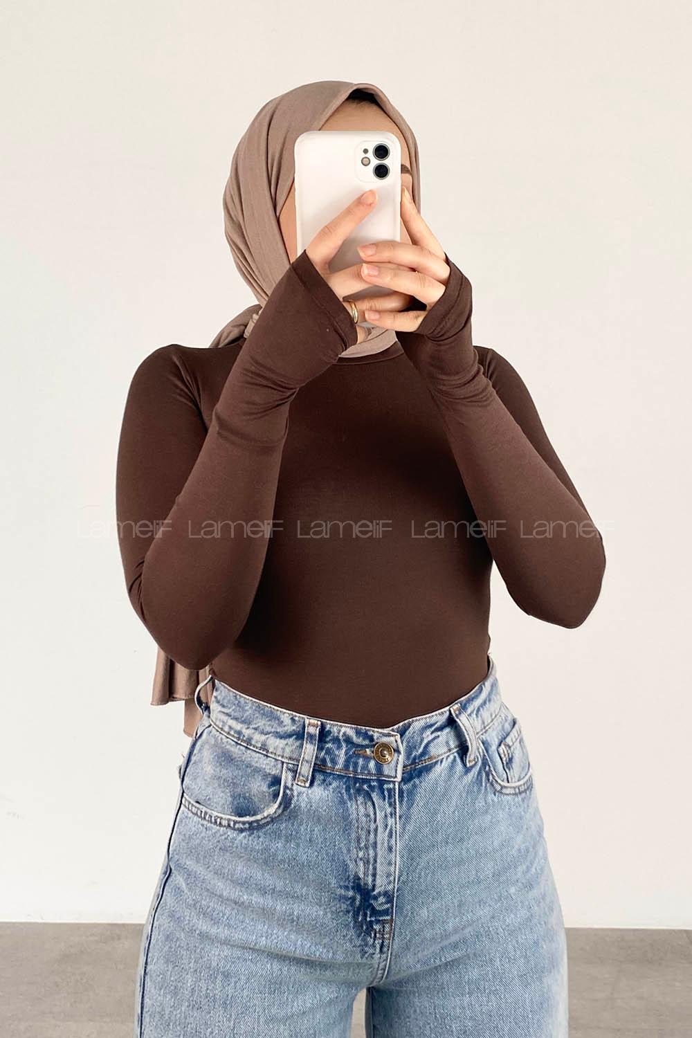 Lamelif Eldiven Detaylı Body Acı Kahve