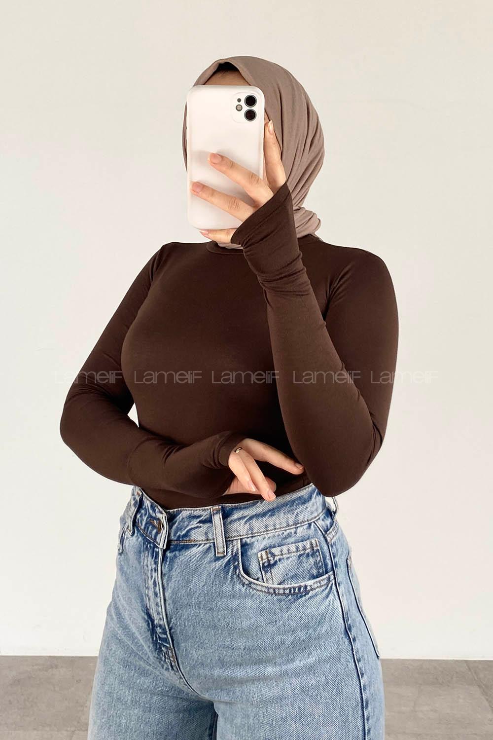 Lamelif Eldiven Detaylı Body Acı Kahve