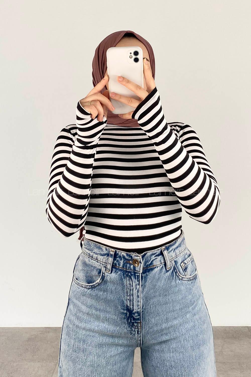 Lamelif Eldiven Detaylı Body Beyaz Siyah