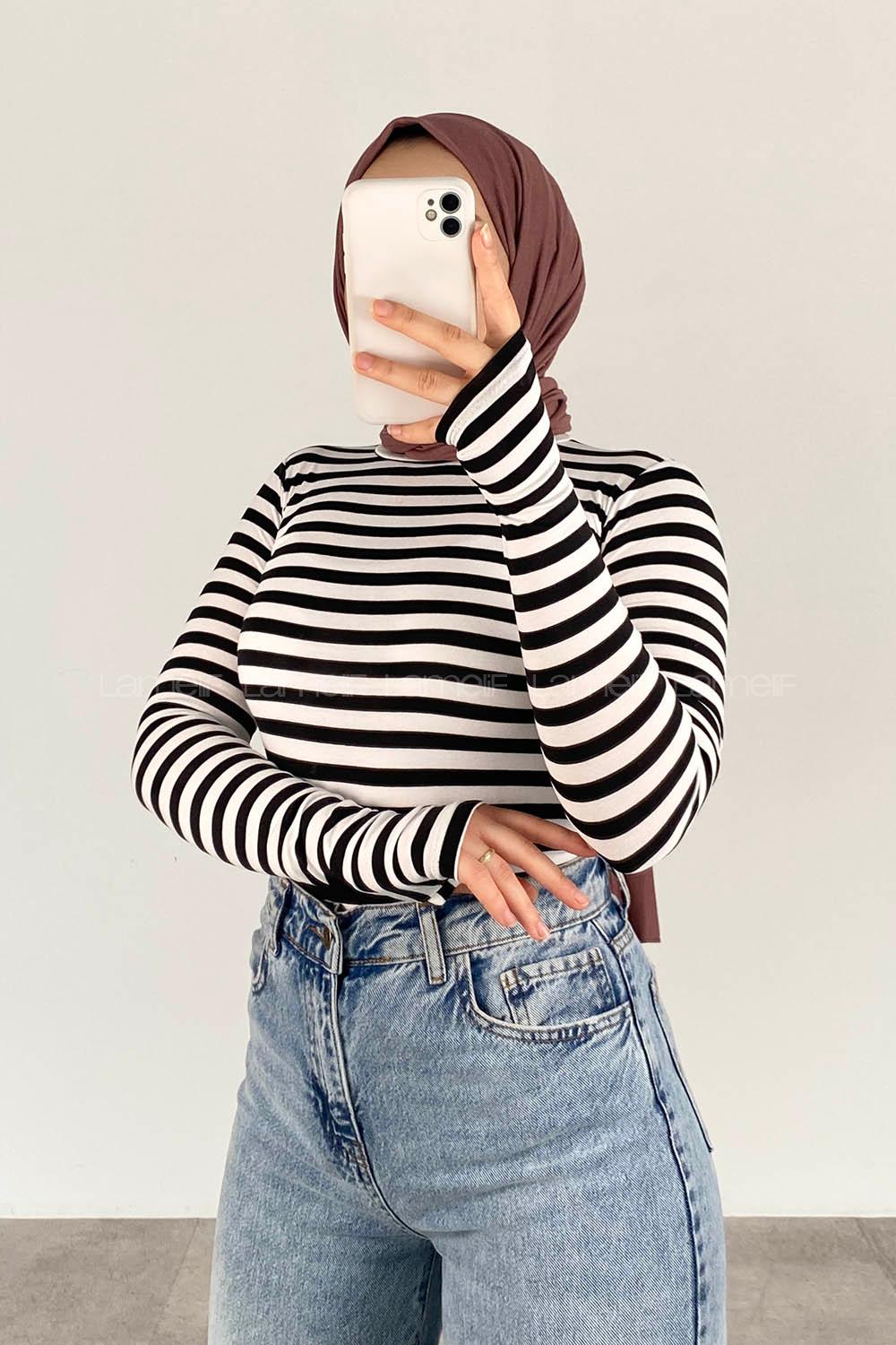 Lamelif Eldiven Detaylı Body Beyaz Siyah