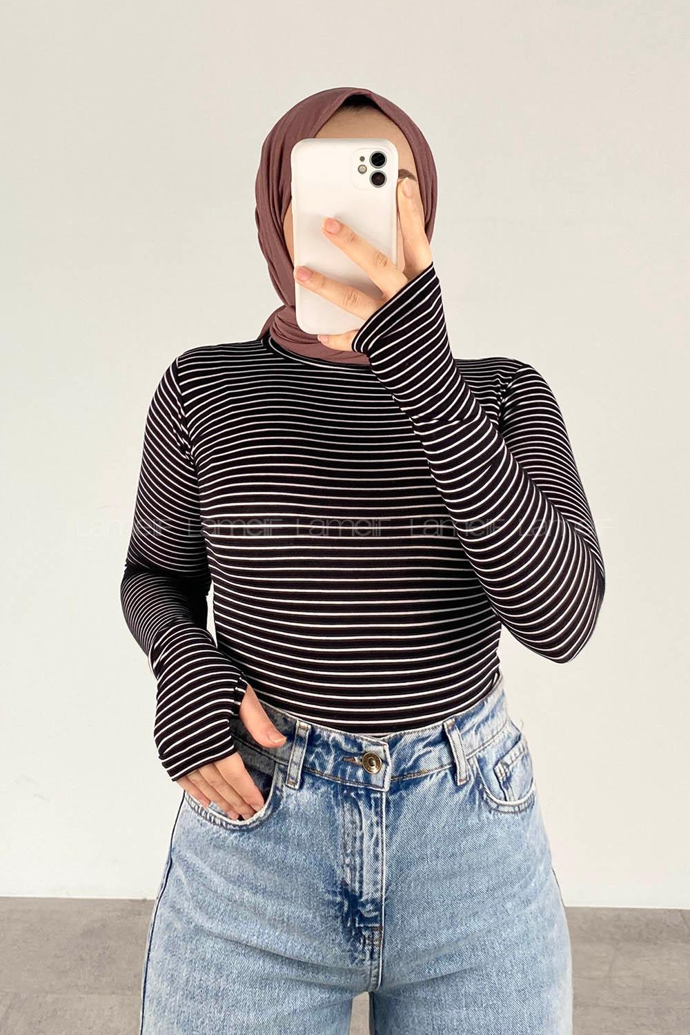 Lamelif Eldiven Detaylı Body Siyah Beyaz