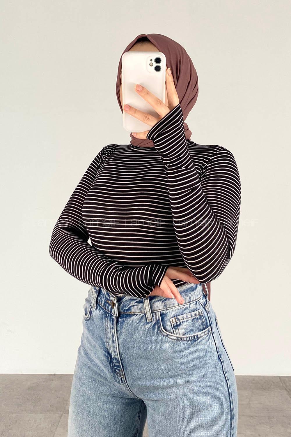 Lamelif Eldiven Detaylı Body Siyah Beyaz