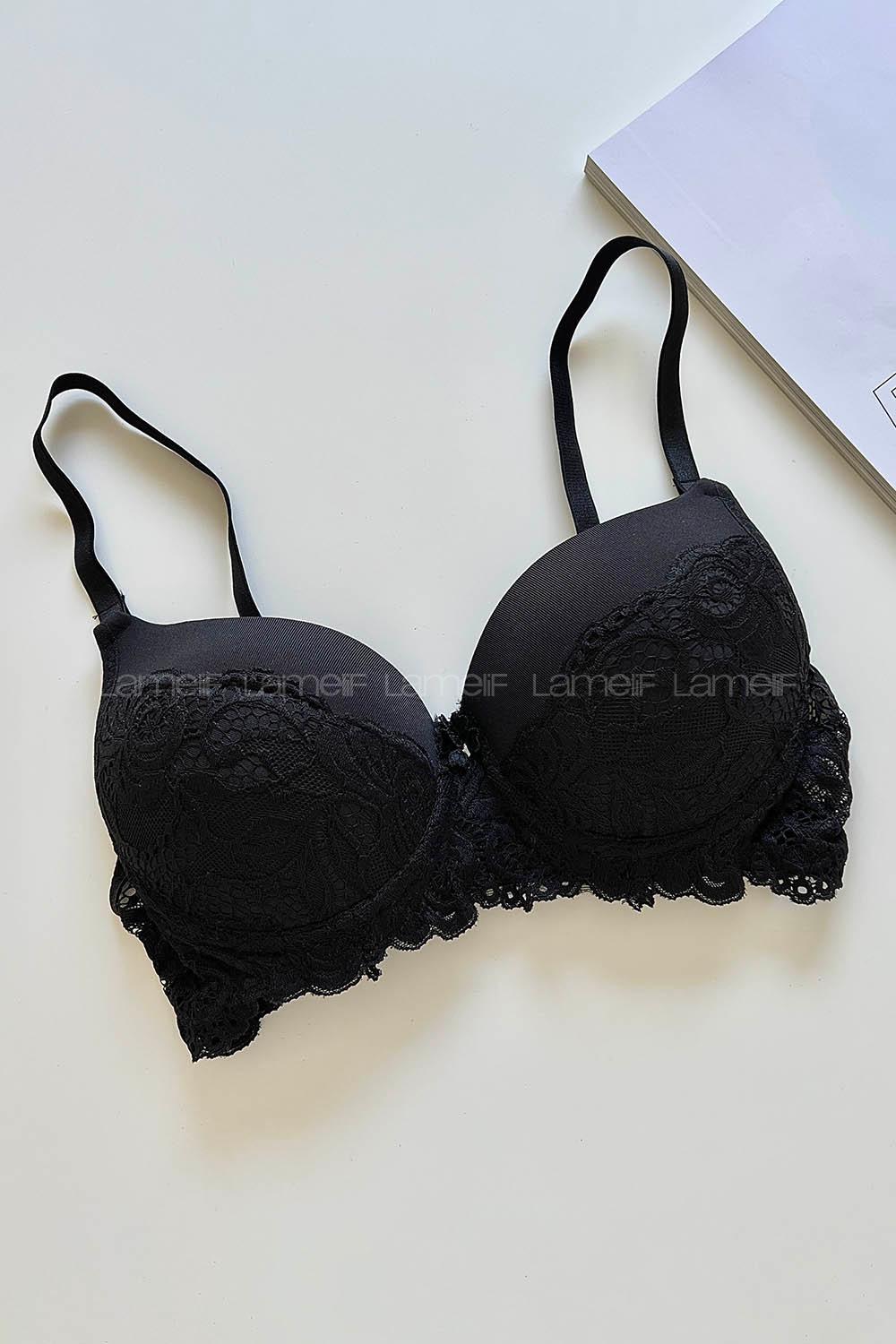Lamelif Ebru Destekli Slikonlu Kulaklı Yarı Dantel Sütyen Siyah Renk