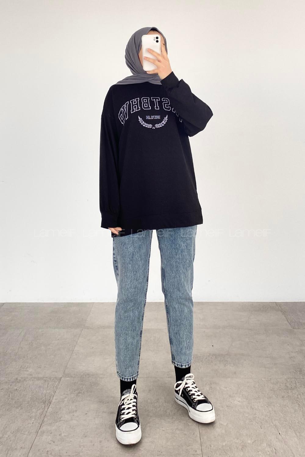 Modalamelif Bisiklet Yaka WRSTBHVR BERLİN Yazı Baskılı Sweat Siyah