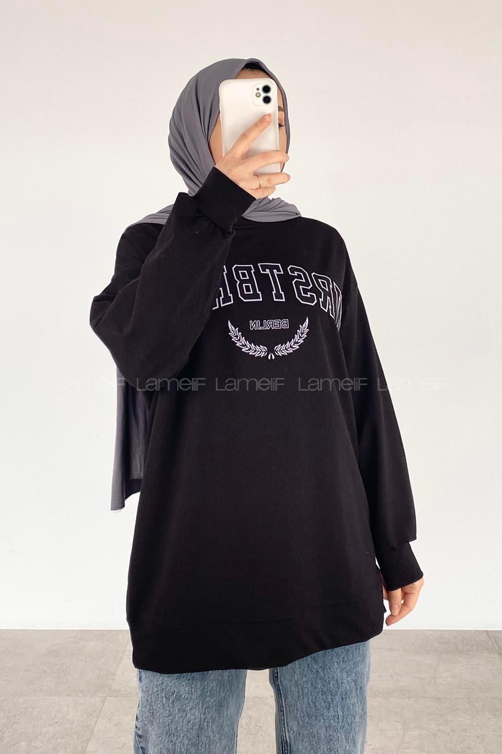 Modalamelif Bisiklet Yaka WRSTBHVR BERLİN Yazı Baskılı Sweat Siyah