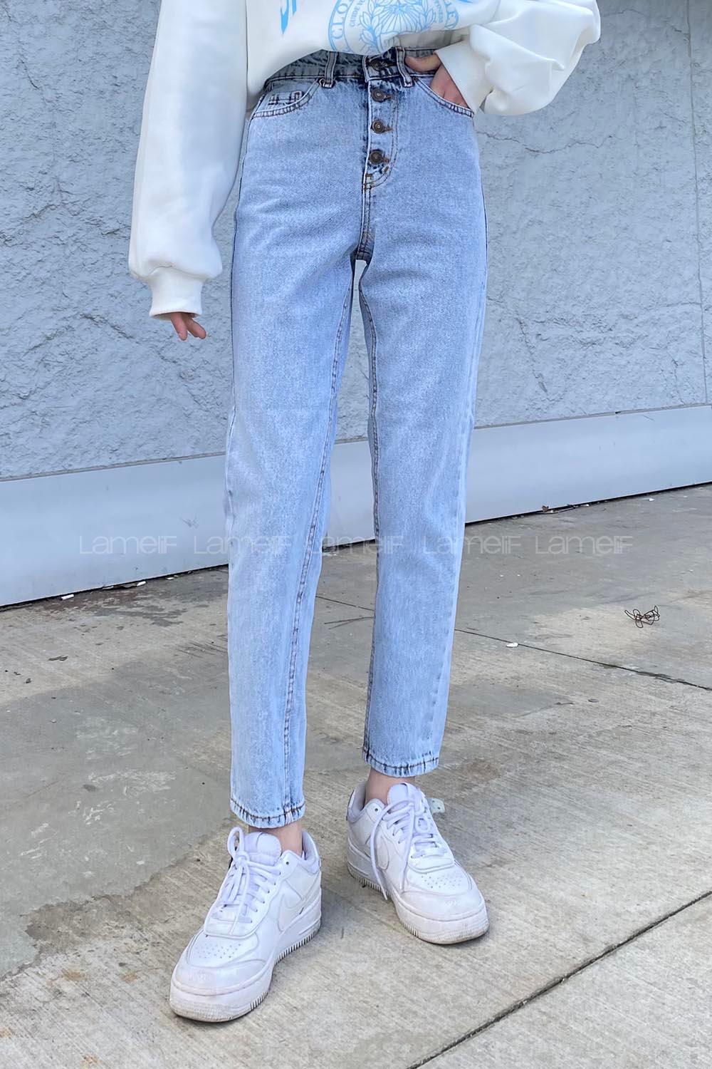 Ice Blue Cotton Denim High Waist Denim Pants