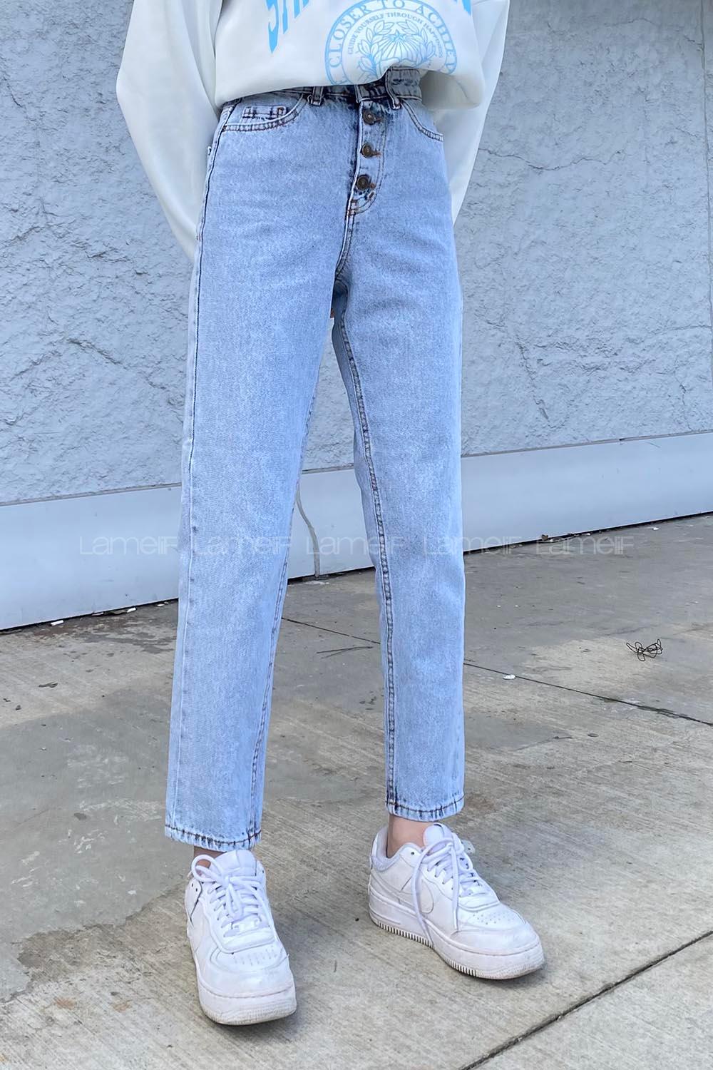 Ice Blue Cotton Denim High Waist Denim Pants