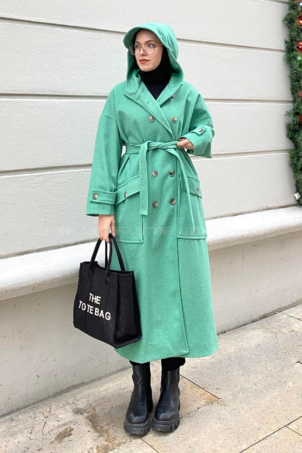 Modalamelif Düğme Kapamalı Kapüşonlu Kaban Yeşil