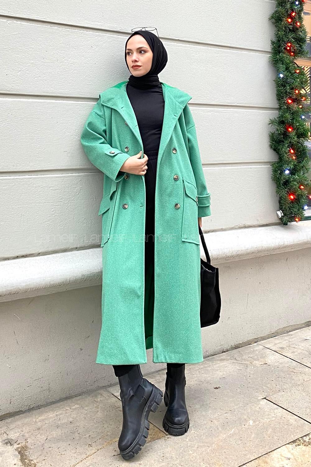Modalamelif Düğme Kapamalı Kapüşonlu Kaban Yeşil