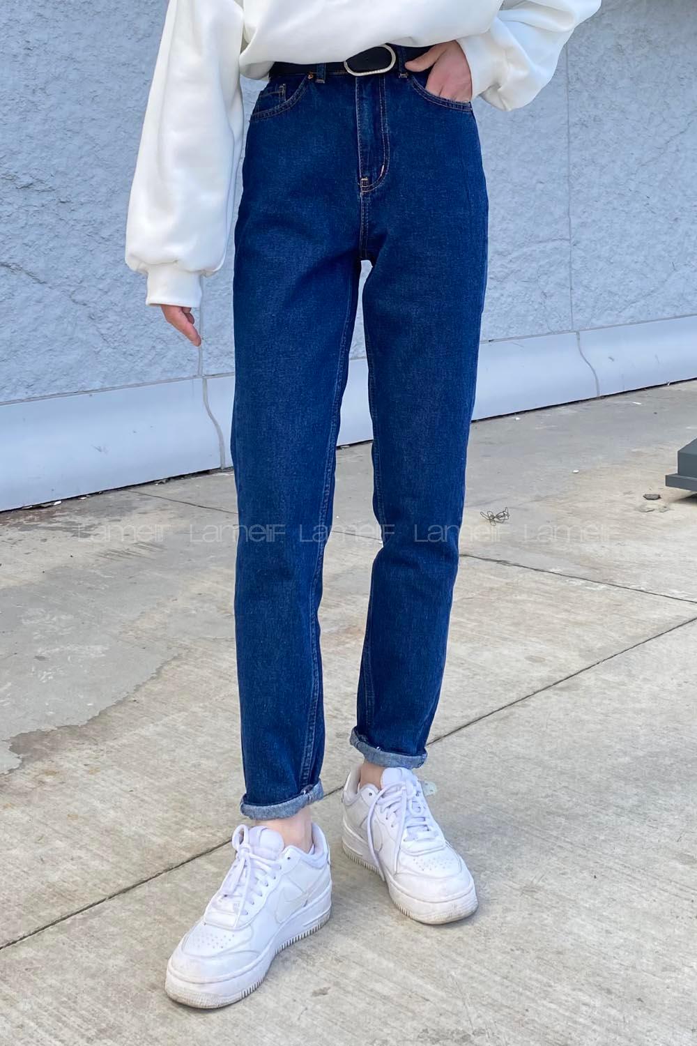 Dark Blue Cotton Denim High Waist Denim Pants