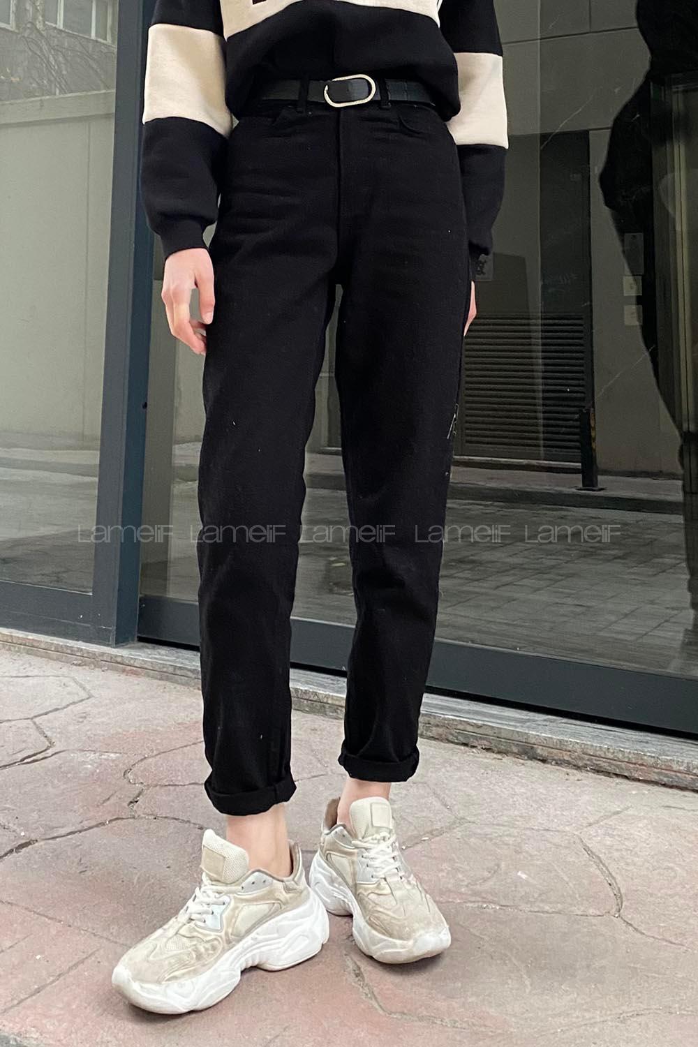 Black Cotton Denim High Waist Denim Pants