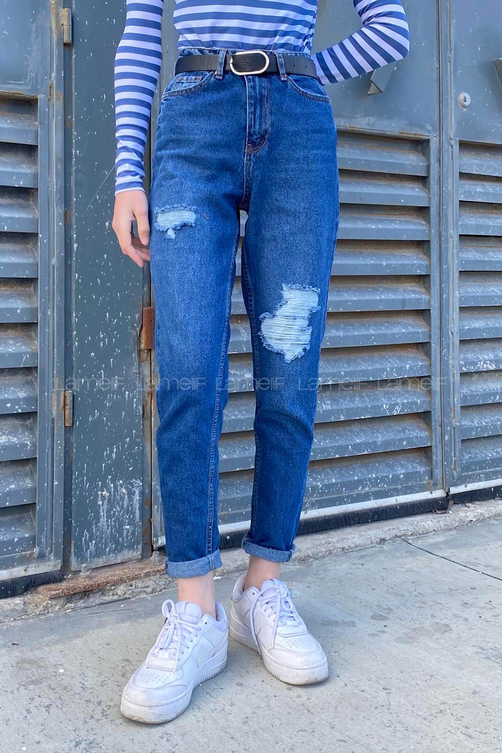 Dark Blue Cotton Denim High Waist Denim Pants