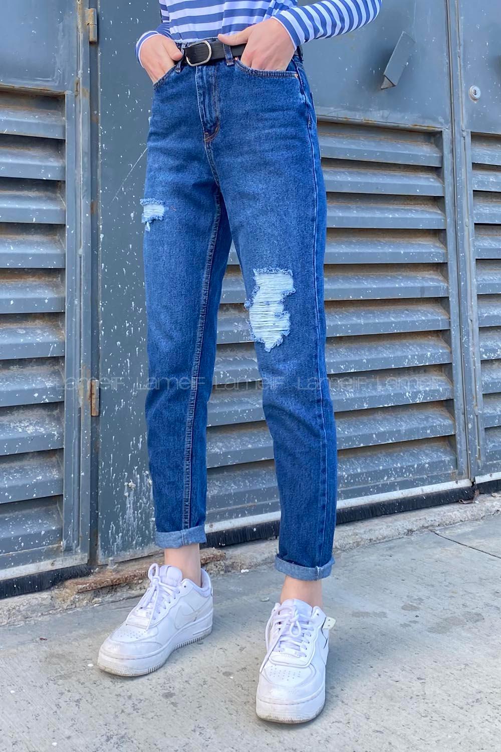 Dark Blue Cotton Denim High Waist Denim Pants