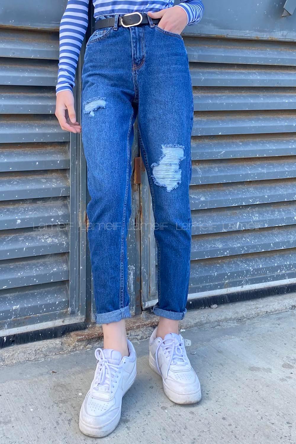 Dark Blue Cotton Denim High Waist Denim Pants