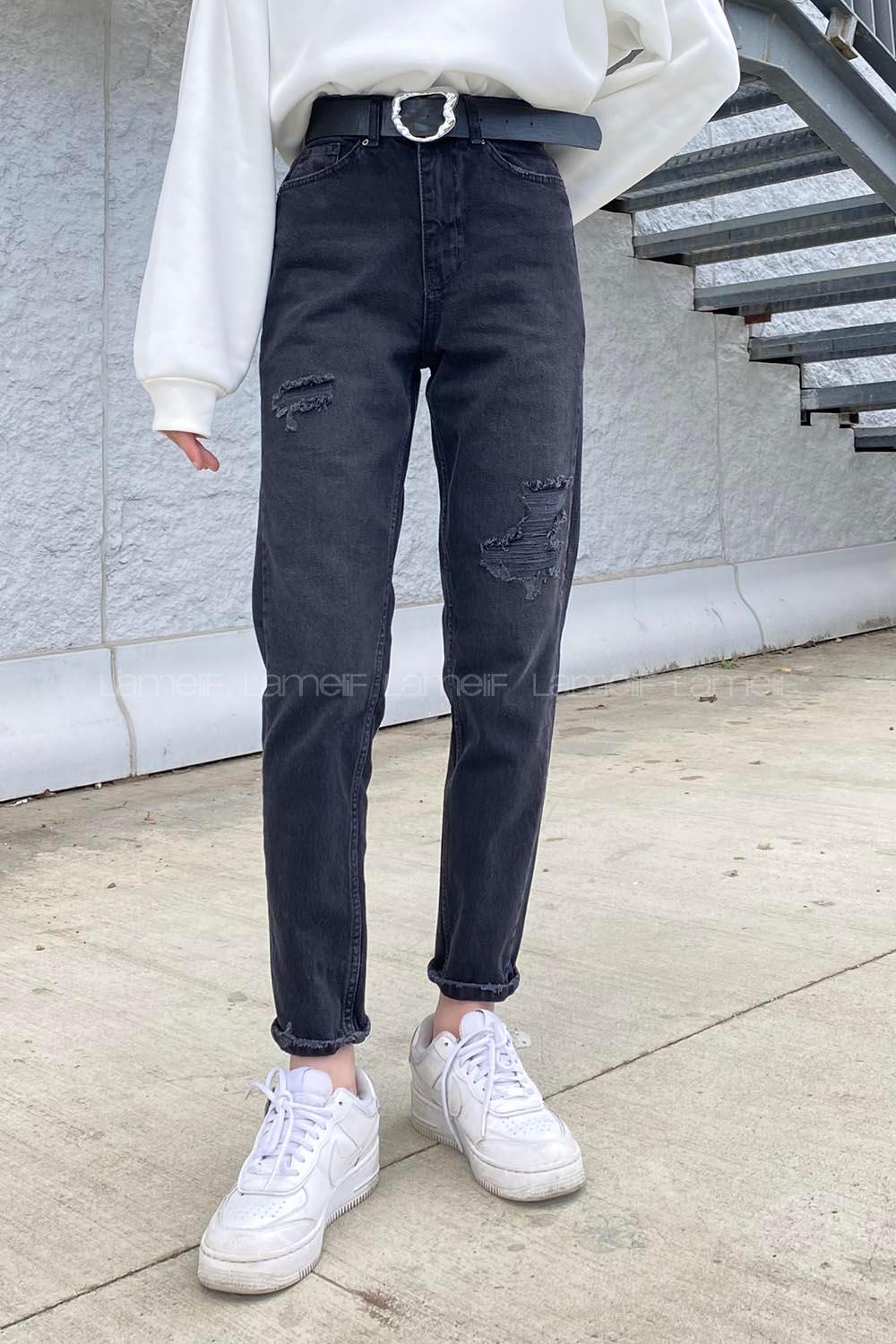 Smoked Cotton Denim High Waist Denim Pants