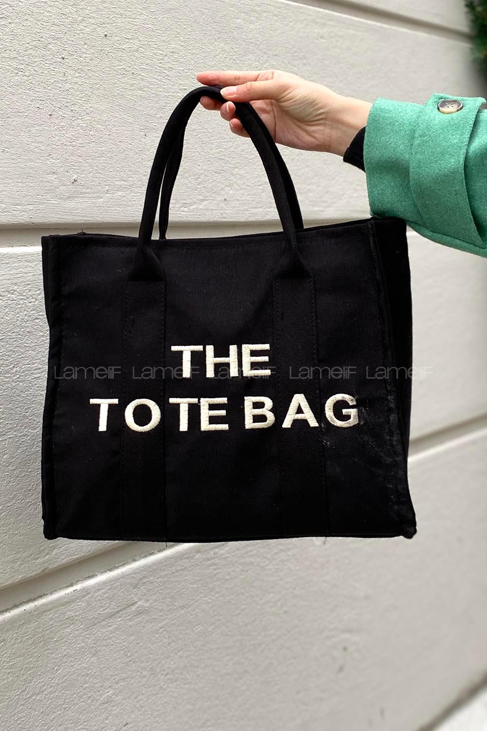 Lamelif Tote Bag Nakışlı Kanvas Kumaş Kadın Çanta Siyah